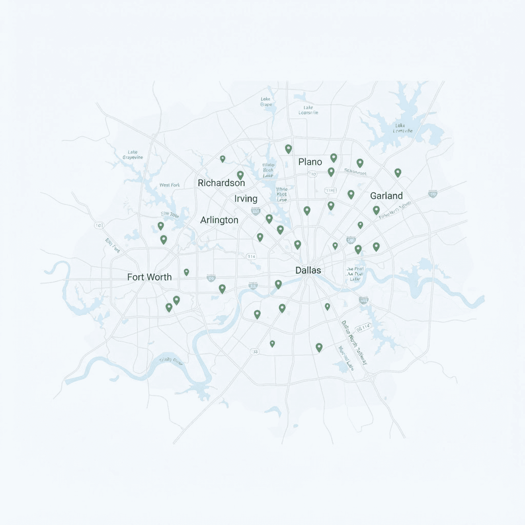 Illustrated map of Dallas metro neighborhoods served by our towing team